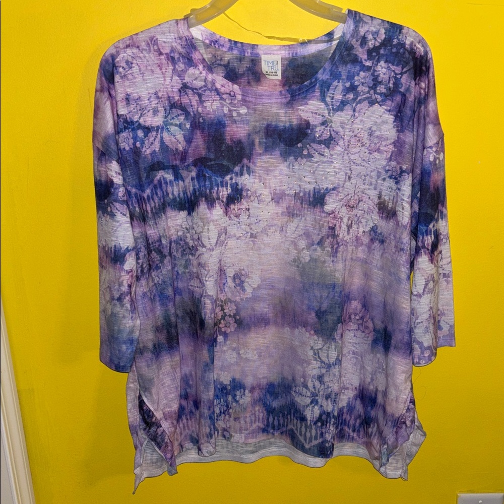 Time and Tru Purple Floral Tie-Dye Long Sleeve Top